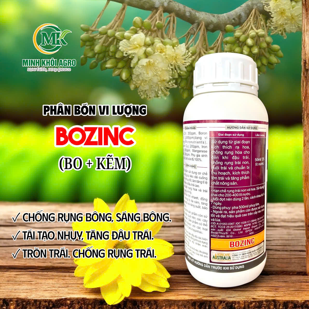 Phân bón lá Agricare BOZINC - Chai 500ml (Bo+Kẽm)